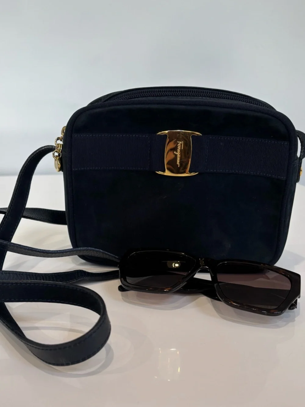 Salvatore Ferragamo Navy Suede Vara Bow Crossbody Bag Gold Hardware Italy